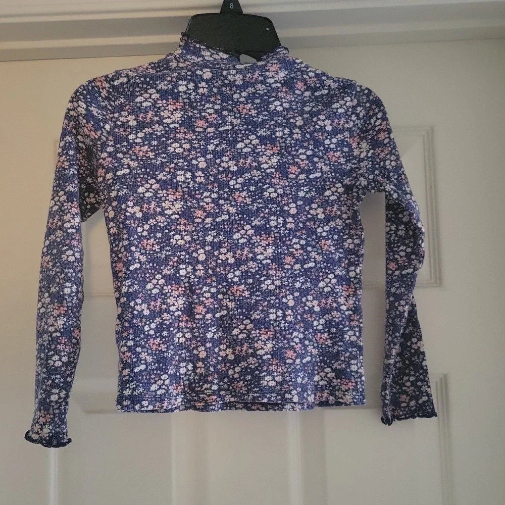OshKosh B'gosh Girls Blue Ditsy Floral Ribbed Mock Neck Long Sleeve Top Size 8